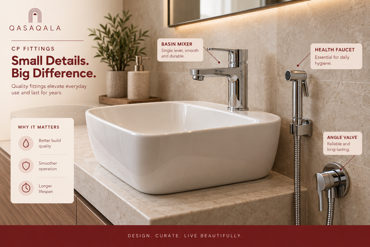 Close-up of chrome-plated CP fittings - a basin mixer and health faucet styled as a product photo