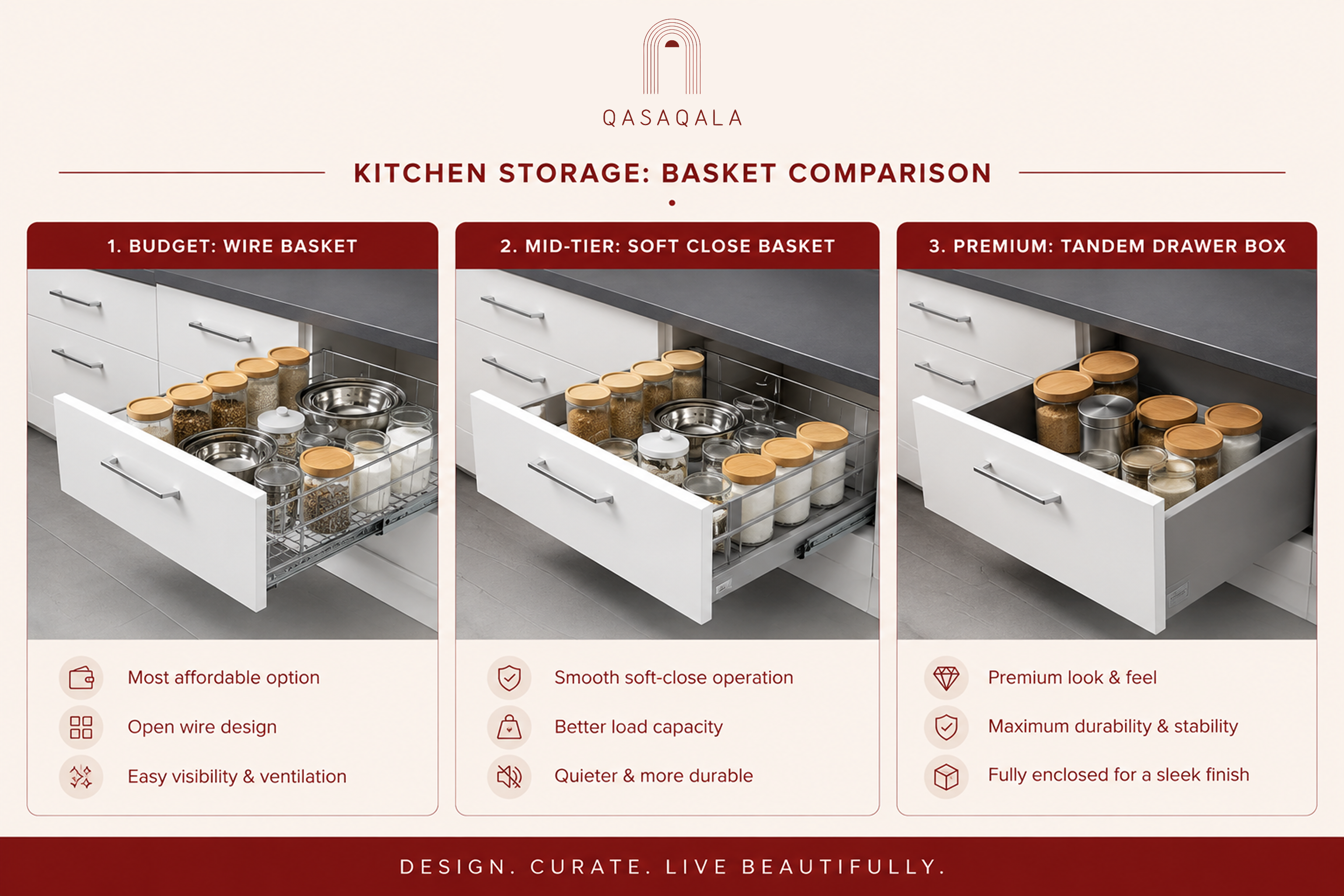 Comparison of basket and drawer systems: wire baskets, soft-close channels, and tandem box drawers
