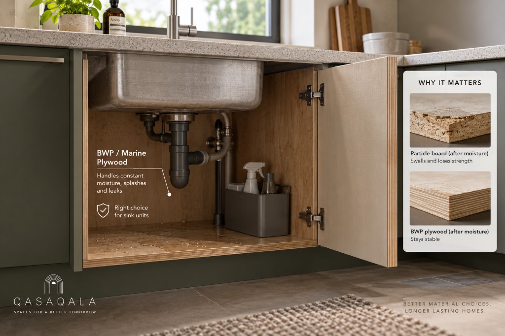 Kitchen sink base cabinet render showing BWP marine plywood interior versus particle board after moisture damage
