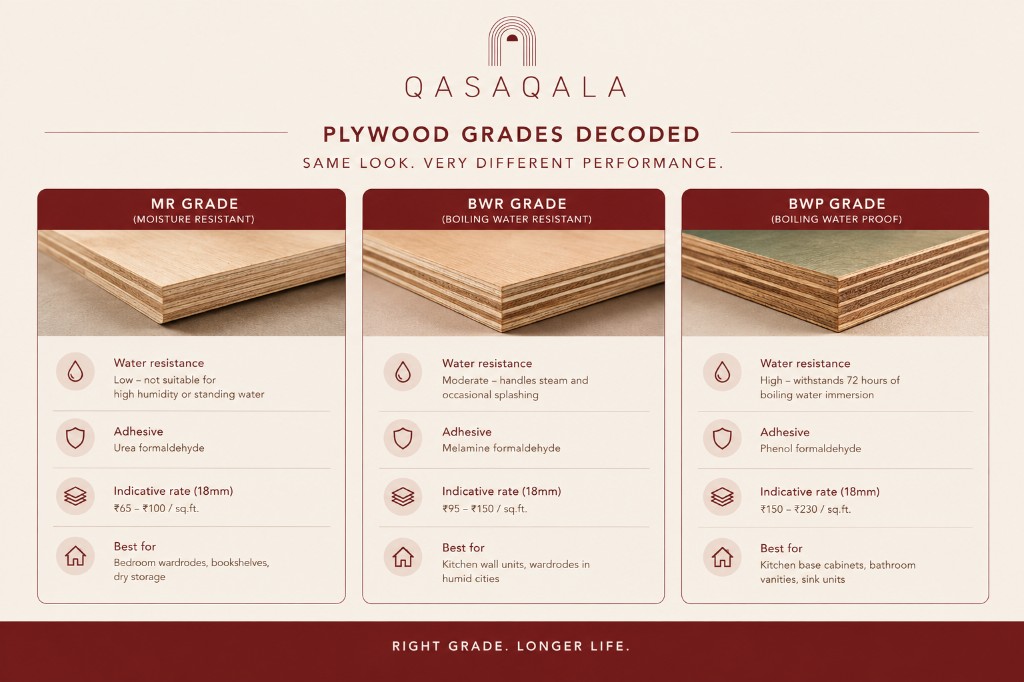 Branded three-panel graphic comparing MR, BWR, and BWP plywood grades with water resistance, adhesive type, indicative rates, and best-use zones