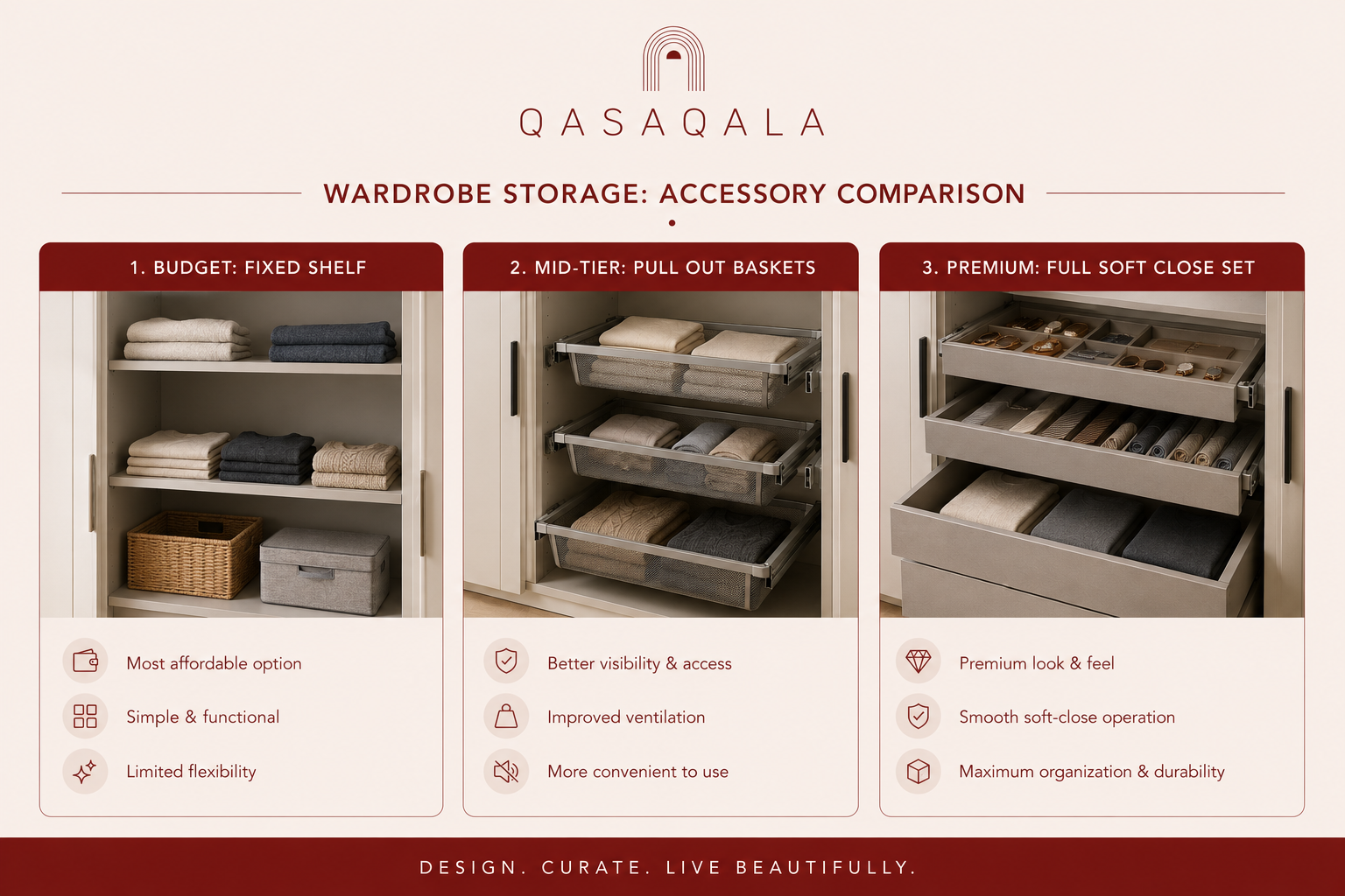 Comparison of wardrobe internal accessories across budget, mid, and premium tiers