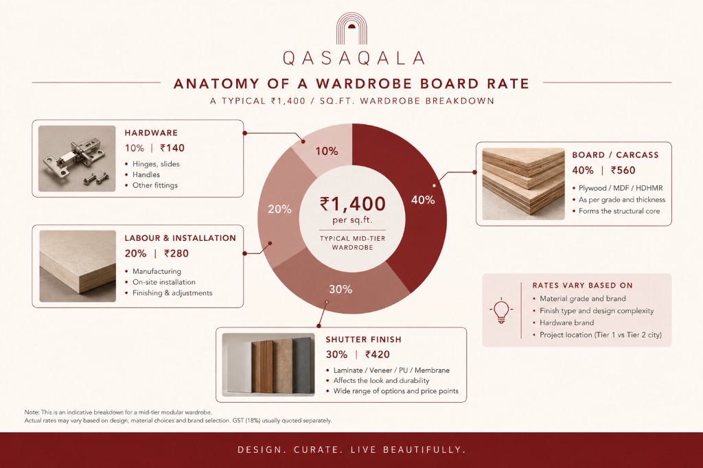 Donut chart breaking down a typical Rs 1,400 per sq.ft. wardrobe rate into board, shutter finish, hardware, and labour shares