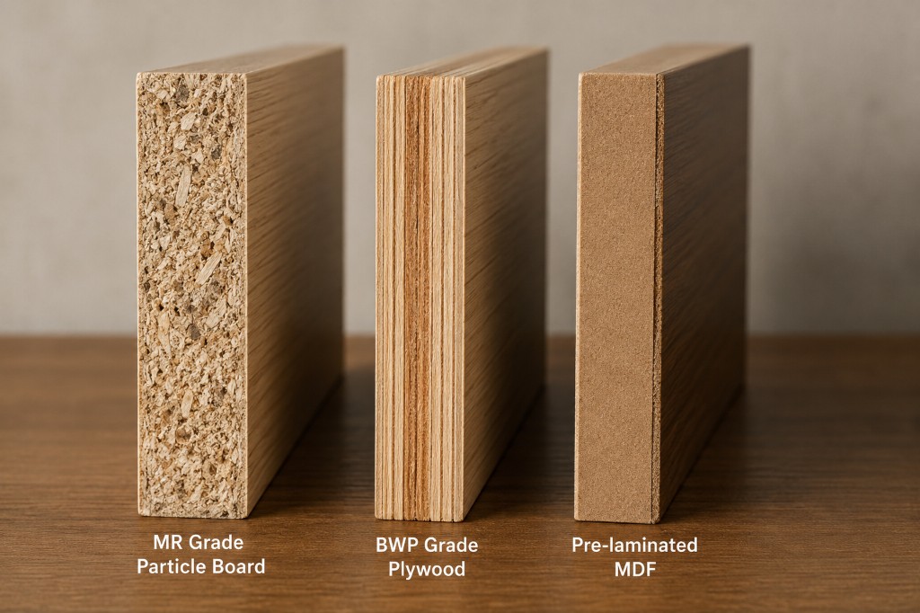 Cross-section comparison of MR grade particle board, BWP grade plywood, and pre-laminated MDF used for wardrobe carcasses