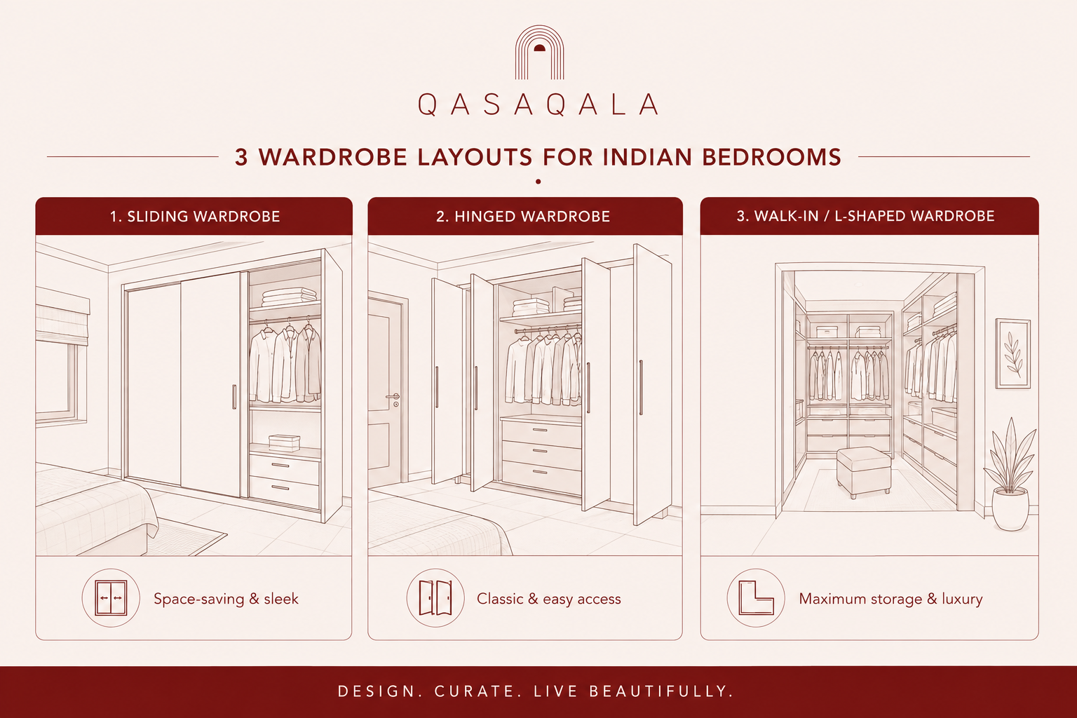 Comparison of three wardrobe layouts: sliding shutters, hinged openable shutters, and walk-in L-shaped combo