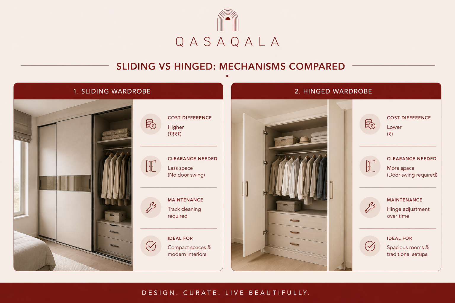 Side by side comparison of sliding and hinged wardrobe mechanisms with cost, clearance, and maintenance notes
